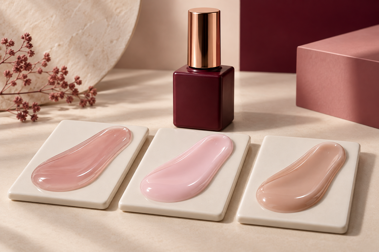 Three separate rubber base gel textures in sheer nude milky pink and beige