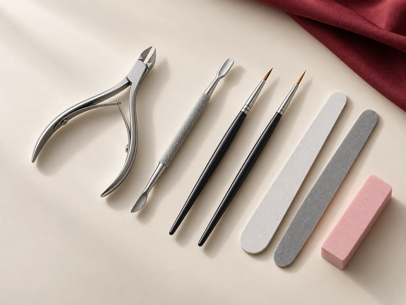 Editorial illustration of manicure nippers, cuticle pusher, brushes, files and buffer