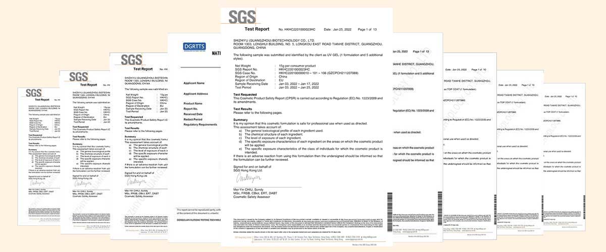 Selection of product test reports for SUSANSAY nail products