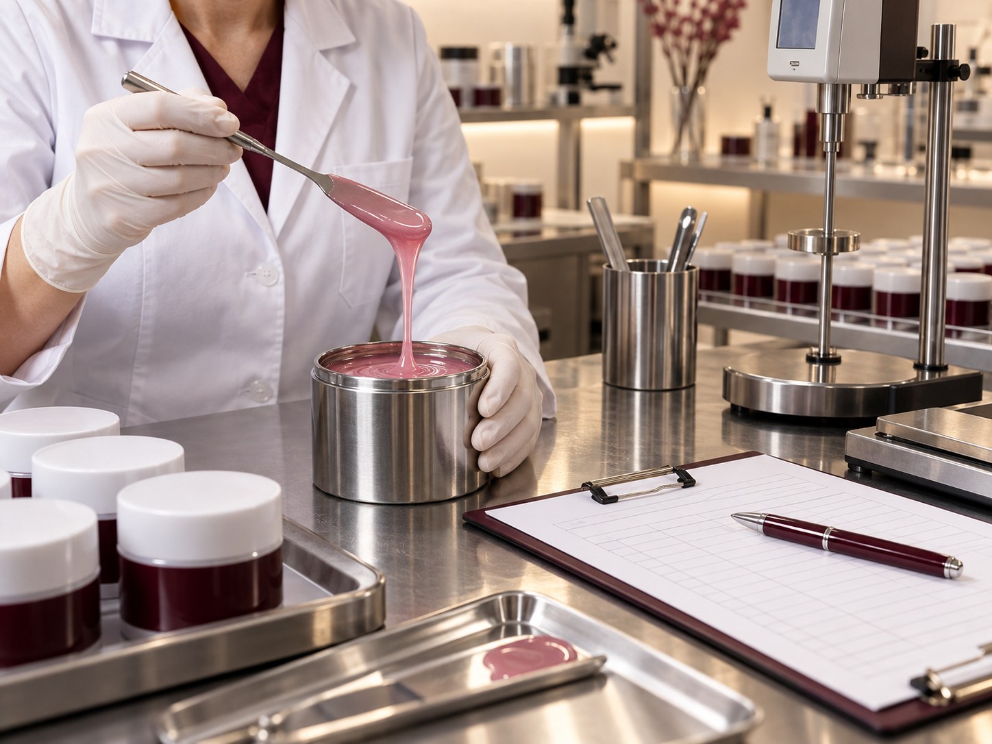 Laboratory specialist checking gel viscosity and batch samples