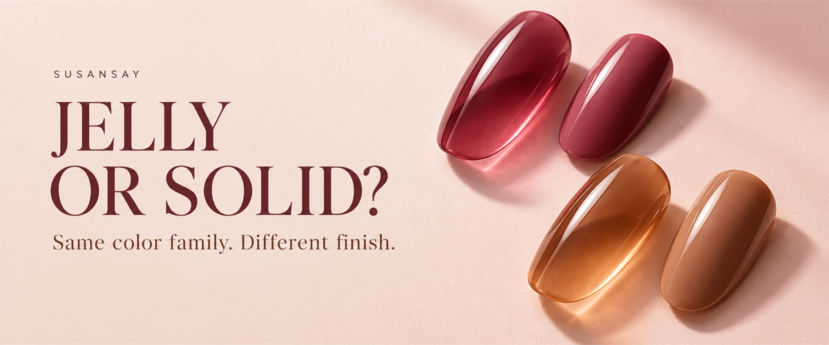 Concept comparison of translucent and opaque berry and caramel nail swatches.